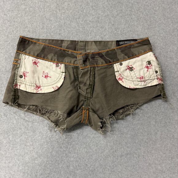 True Religion Bobby Low Rise Green Camo Print Micro Mini Cut Off Camo Shorts 28 - Picture 7 of 8